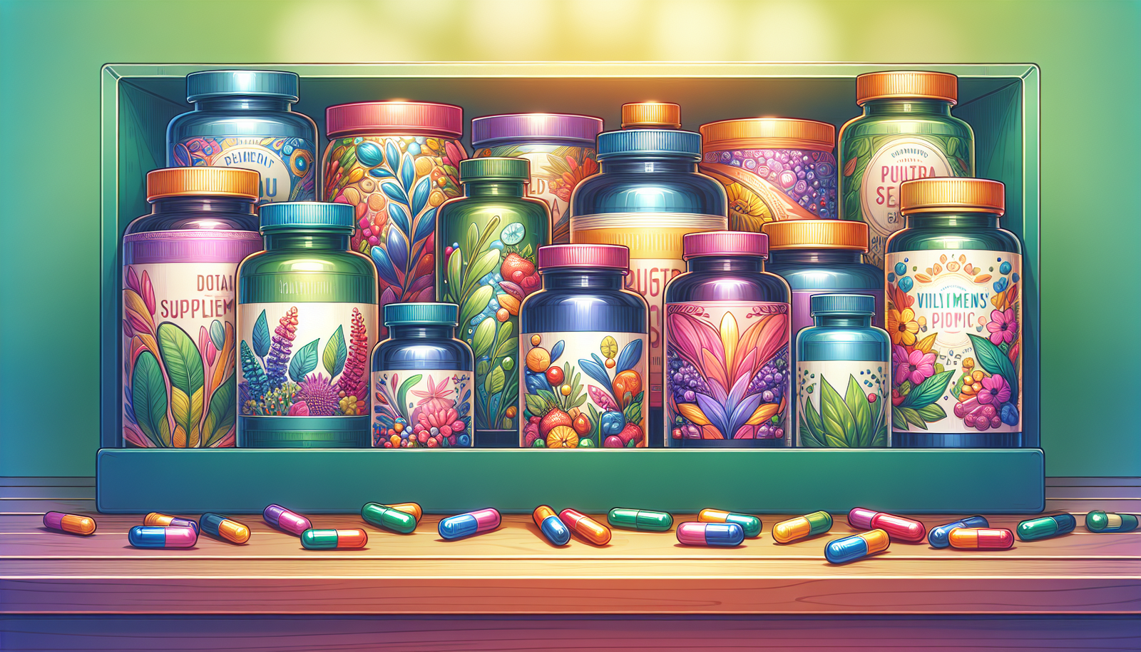 An artistic representation of various supplements for MTHFR support.