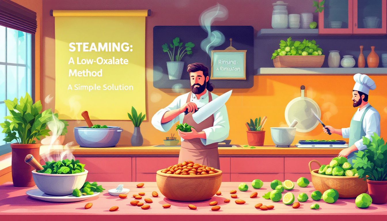 Cooking methods to reduce oxalates illustrated with various kitchen tools.