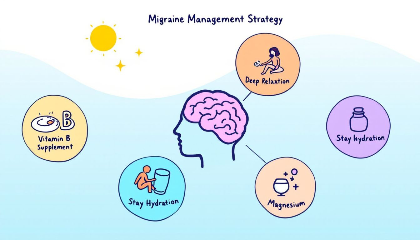 A visual representation of various migraine management strategies, including vitamin supplementation.
