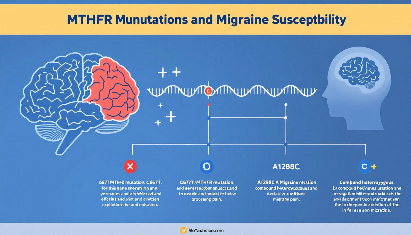 A diagram showing the relationship between MTHFR mutations and migraine susceptibility.