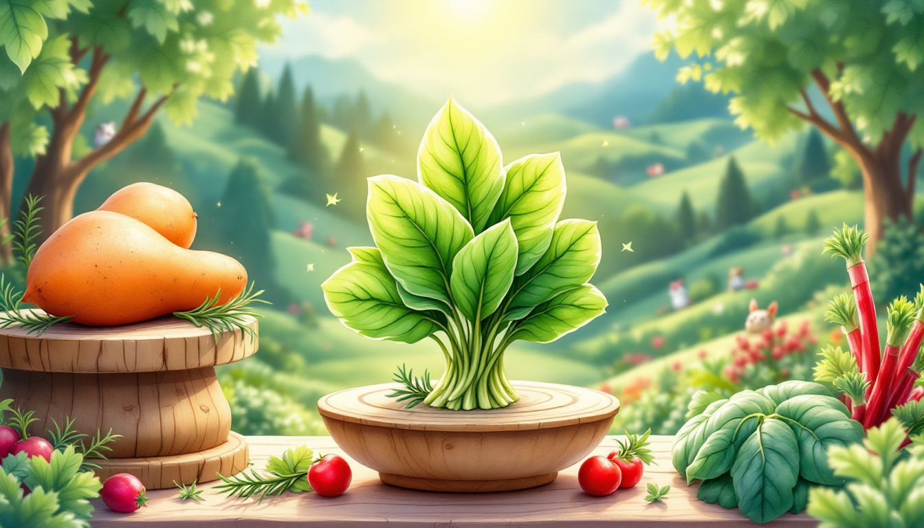 A collection of high oxalate foods such as spinach and sweet potatoes.