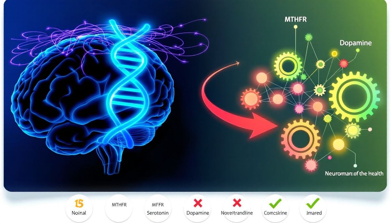 A diagram illustrating the role of the MTHFR gene in mental health and its impact on neurotransmitter levels.