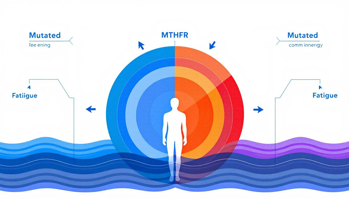 An illustration depicting the MTHFR gene and its mutation effects on energy levels.